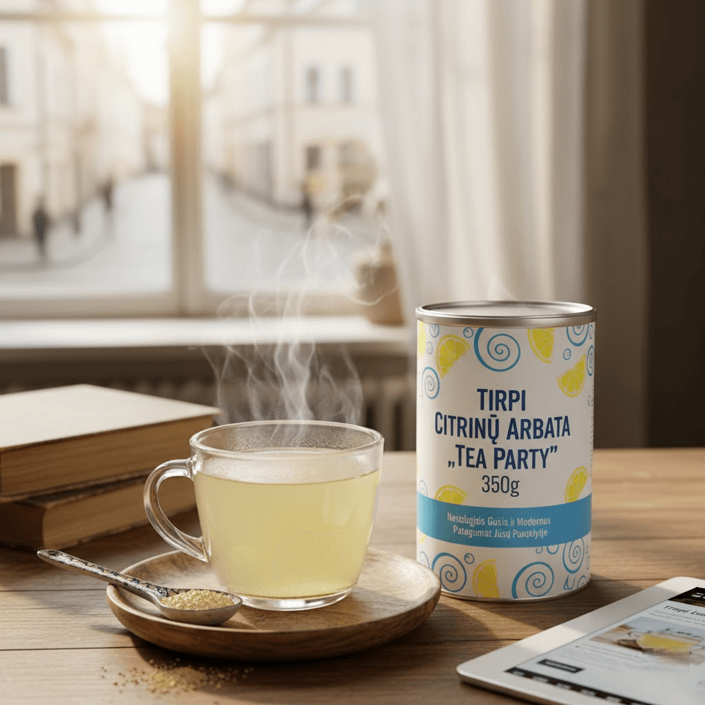Tirpi Citrinų Arbata „Tea Party“ 350g: Nostalgijos Gūsis ir Modernus Patogumas Jūsų Puodelyje Tirpi Citrinų Arbata „Tea Party“ 350g: Nostalgijos Gūsis ir Modernus Patogumas Jūsų Puodelyje