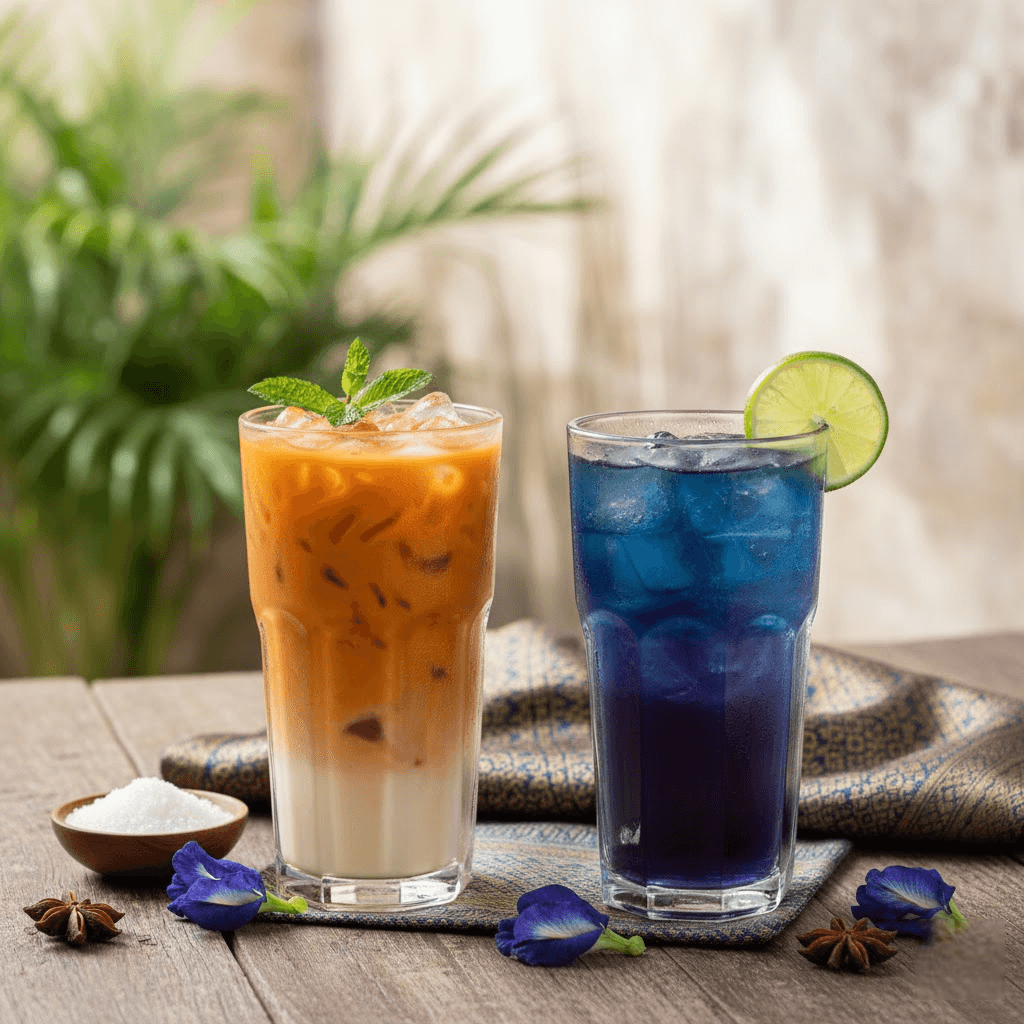 Tailando Magija Stiklinėje: Nuo Legendinės Cha Yen Iki Spalvą Keičiančios Mėlynosios Arbatos Tailando Magija Stiklinėje: Nuo Legendinės Cha Yen Iki Spalvą Keičiančios Mėlynosios Arbatos