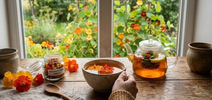 Nasturtų žiedų arbata: Nuo ryškių darželio spalvų iki galingo natūralaus antibiotiko jūsų puodelyje
