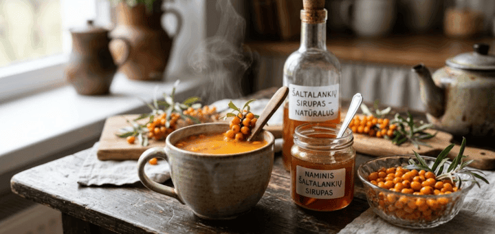 šaltalankių sirupas arbatai, šaltalankių arbata, šaltalankiai, vitaminai imunitetui, natūralus sirupas, sveika arbata, šaltalankių nauda, uogų sirupas, šaltalankių paruošimas, šaltalankiai žiemai