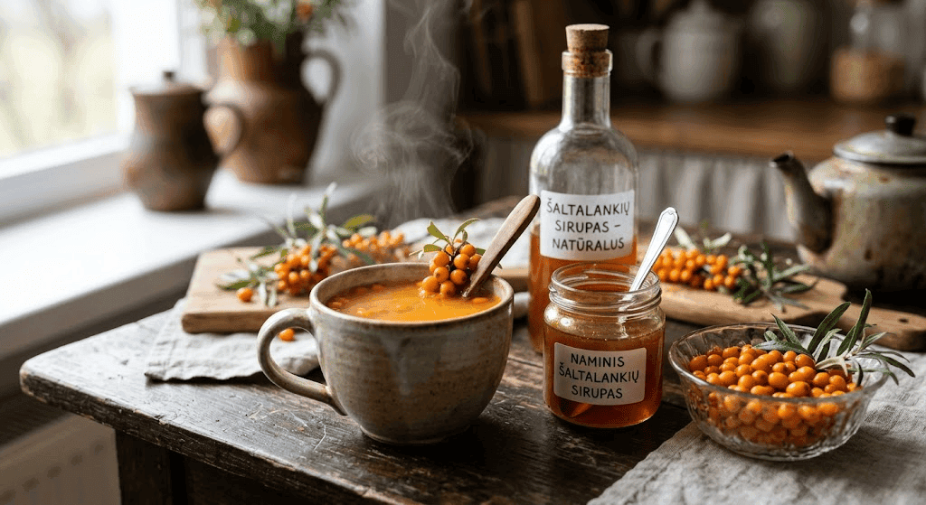 šaltalankių sirupas arbatai, šaltalankių arbata, šaltalankiai, vitaminai imunitetui, natūralus sirupas, sveika arbata, šaltalankių nauda, uogų sirupas, šaltalankių paruošimas, šaltalankiai žiemai