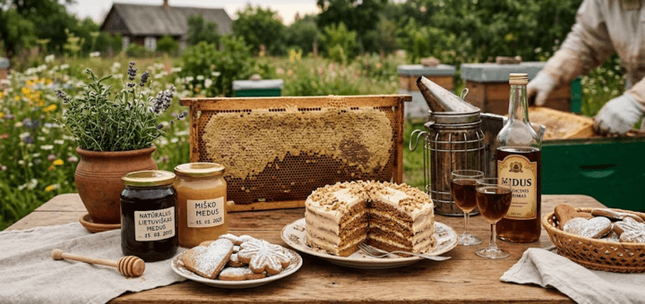 lietuviškas medus, medaus gardėsiai, medaus tortas, lietuviški meduoliai, midus, bitininkystė Lietuvoje, natūralus medus, tradiciniai desertai, kepiniai su medumi, sveikas maistas